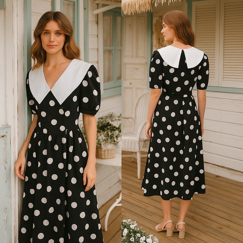 Vintage Miss Oops Black White Polka Dot Collar Puff Sleeve Midi Dress